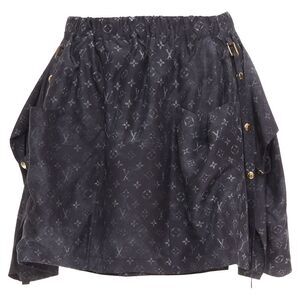 LOUIS VUITTON Monogram Cloud Pocket grey 100% silk flare mini skirt FR34 XS